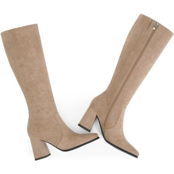 Women's khaki suede Modatope Knee Toe Side Zipper High Heel Square Long boots - Picture 4 of 8